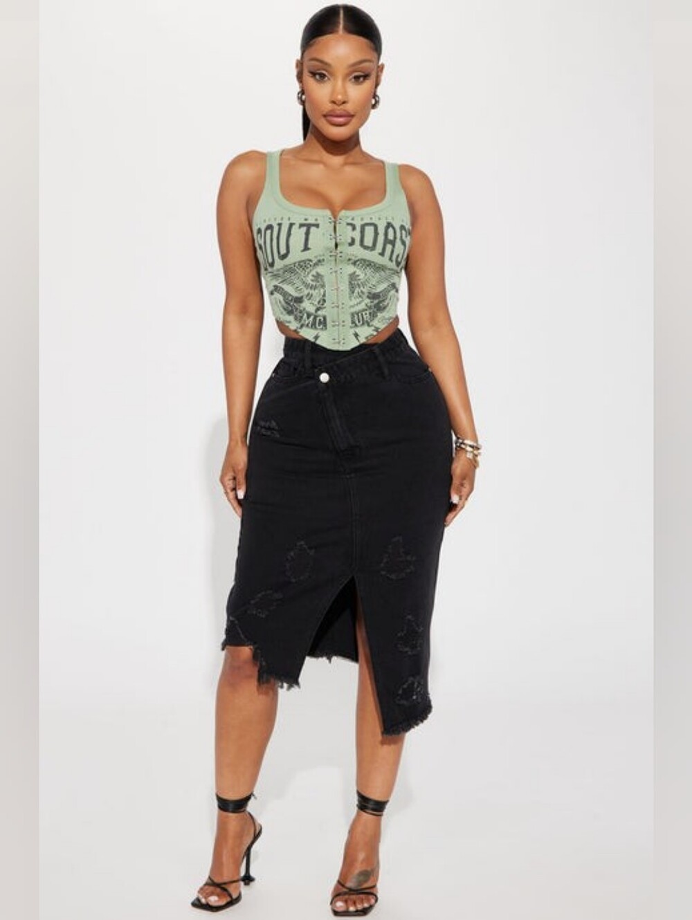 New With Tags Fashion Nova Size Medium Ember Distressed Black Wash Midi Skirt